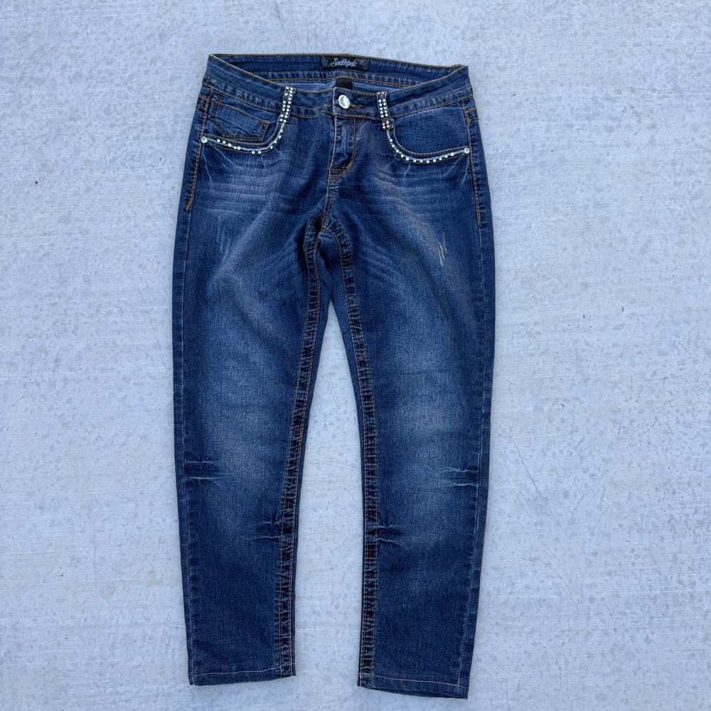 Southpole‎ Women's y2k Rhinestone Low Rise Denim Jeans Size 9 Bedazzled Capri